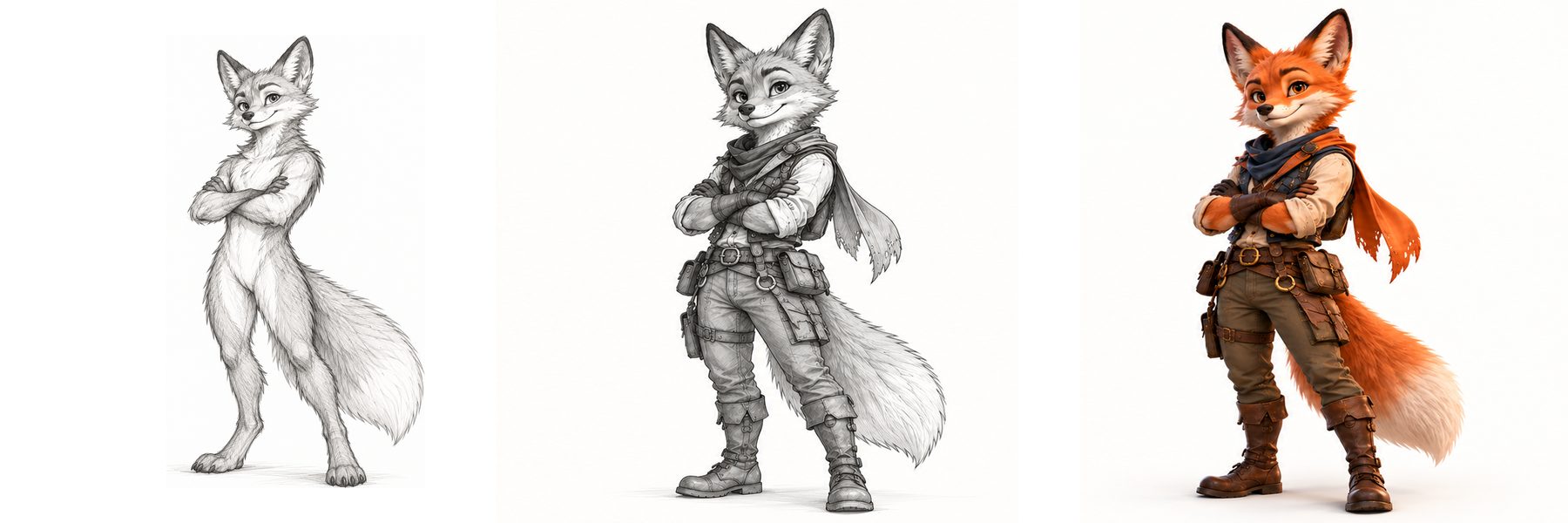 The same fox character shown as a construction sketch, a clean pencil drawing and a final render