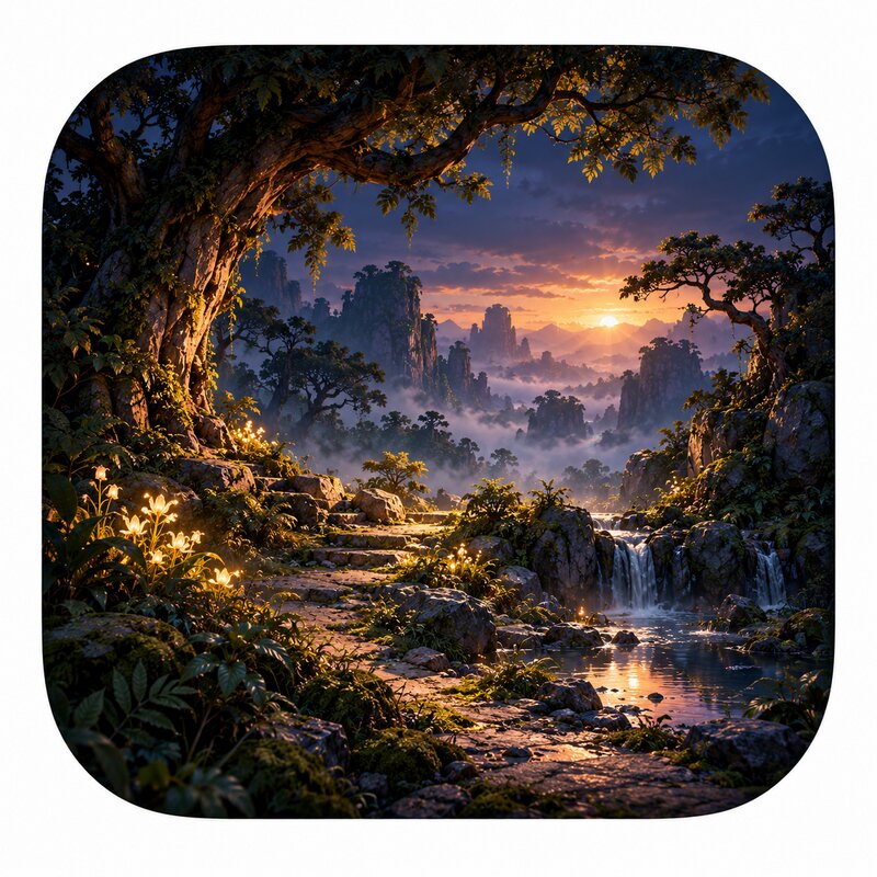 Enchanted forest clearing with a waterfall at dusk