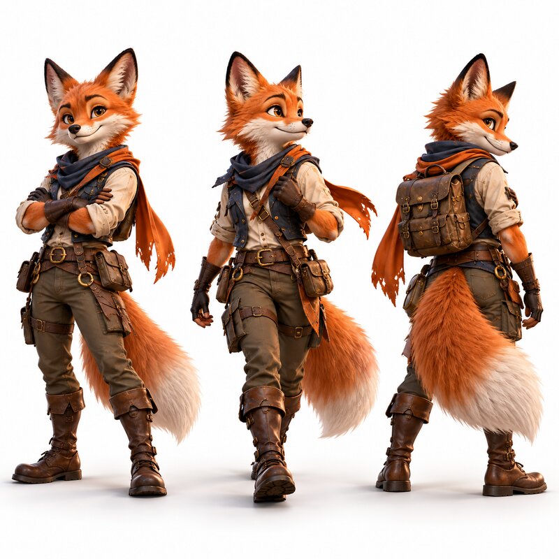 Fox adventurer mascot shown in three poses