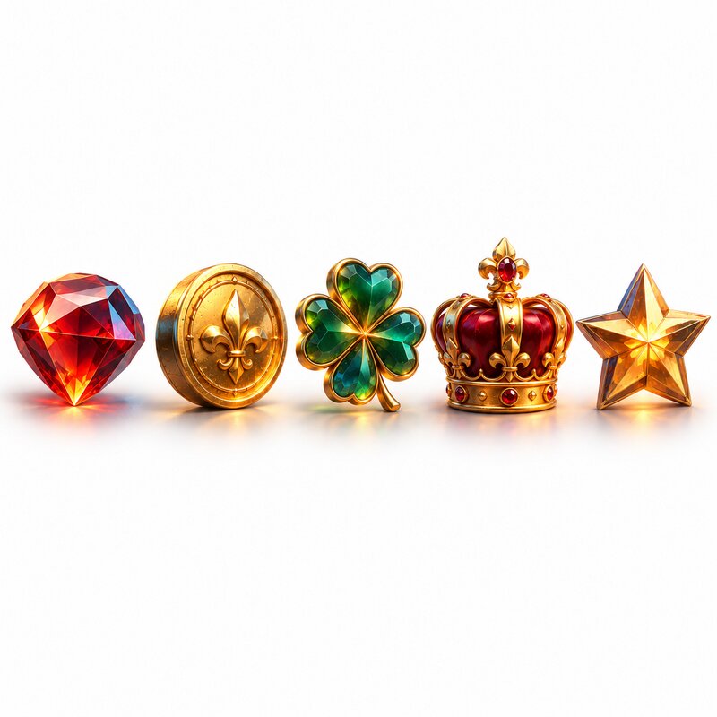 Five game symbols: ruby, gold coin, clover, crown and star