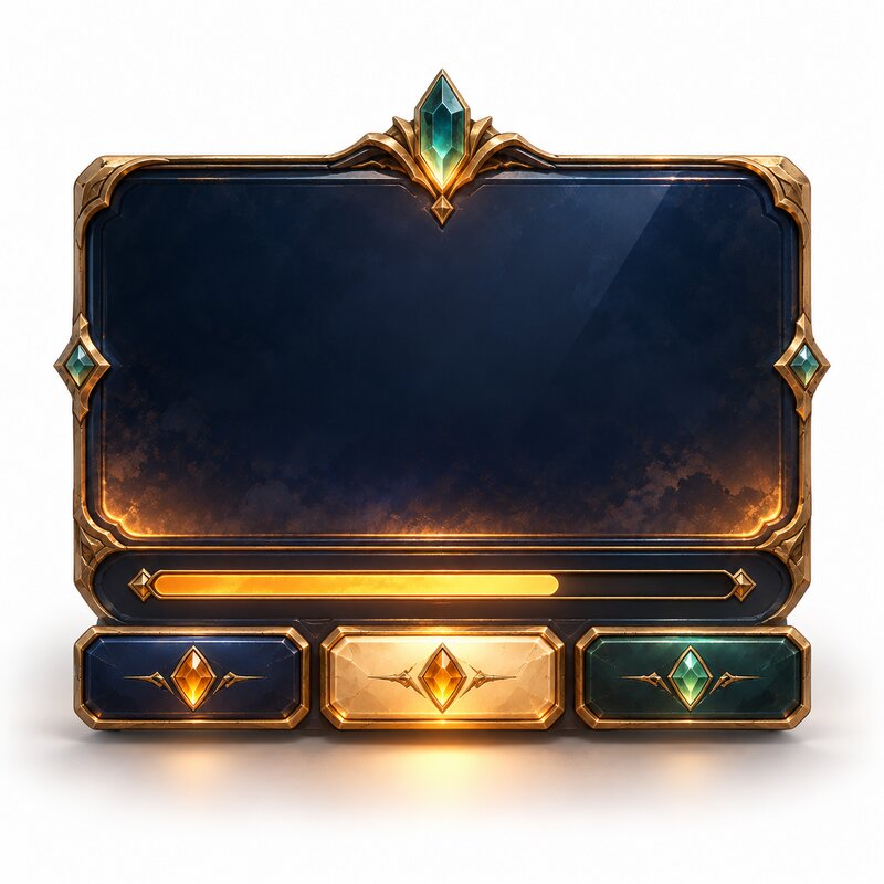 Navy and gold game UI panel with buttons and a progress bar